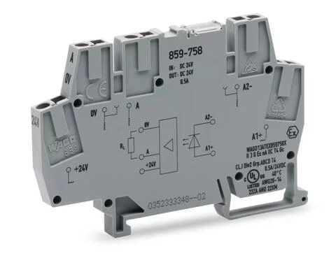 859-758 - Optocoupler module; Nominal input voltage: 24 VDC; Output voltage range: 0 … 24 VDC; Limiting continuous current: 0.5 A; Frequency: 10 kHz; gray 859-758 - Optocoupler module; Nominal input voltage: 24 VDC; Output voltage range: 0 … 24 VDC; Limiting continuous current: 0.5 A; Frequency: 10 kHz; gray