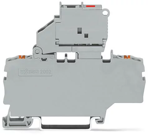 2202-1911/1000-836 - TOPJOB®S fuse terminal block with Push-buttons; with pivoting fuse holder for 5 x 20 mm miniature metric fuse; with LED blown fuse indication; rail mount; 2-conductor; 5.2 mm wide; gray, 230 V