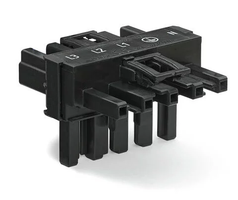 770-621 - T-distribution connector; 5-pole; Cod. A; 1 input; 2 outputs; 2 locking levers; black