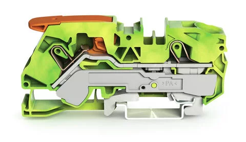 2116-1207 - TOPJOB®S ground terminal block with Lever and Open Tool Slot; rail mount; 2-conductor; 10 mm wide; green-yellow