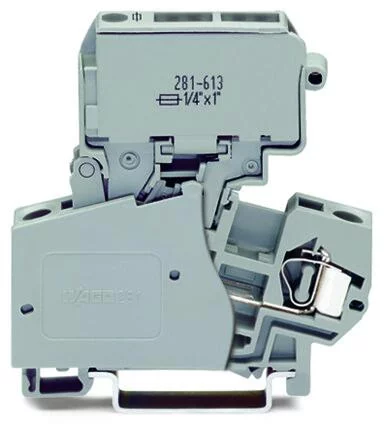 281-623 - 2-conductor fuse terminal block; with pivoting fuse holder; for glass cartridge fuse ¼ x 1¼; without blown fuse indication; for DIN-rail 35 x 15 and 35 x 7.5; 4 mm²; CAGE CLAMP®; 4,00 mm²; gray