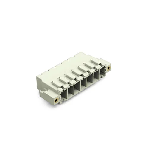 831-3627/108-000 - THT male header; 1.0 x 1.2 mm solder pin; angled; 100% protected against mismating; Threaded flange; Pin spacing 7.62 mm; 7-pole; light gray