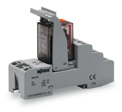 858-504 - Relay module; Nominal input voltage: 24 VAC; 4 changeover contacts; Limiting continuous current: 5 A; with manual operation; Red status indicator; Module width: 31 mm