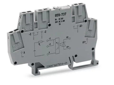 859-737 - Optocoupler module; Nominal input voltage: 24 VDC; Output voltage range: 0 … 30 VDC; Limiting continuous current: 5 A; 2-wire connection; Red status indicator; Module width: 6 mm; gray 859-737 - Optocoupler module; Nominal input voltage: 24 VDC; Output voltage range: 0 … 30 VDC; Limiting continuous current: 5 A; 2-wire connection; Red status indicator; Module width: 6 mm; gray