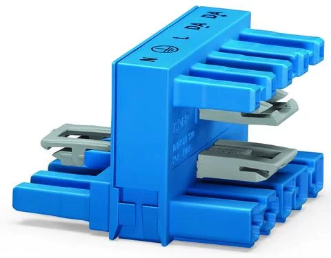 770-993 - h-distribution connector; 5-pole; Cod. I; 1 input; 2 outputs; outputs on both sides; 3 locking levers; for flying leads; blue