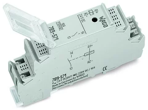 789-570 - Latching relay module; Nominal input voltage: 230 VAC; 1 make contact; Limiting continuous current: 16 A; Red status indicator; Module width: 18 mm; 2,50 mm²; gray