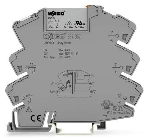 857-357 - Relay module; Nominal input voltage: 115 V AC/DC; 1 changeover contact; Limiting continuous current: 6 A; Yellow status indicator; Module width: 6 mm; 2,50 mm²; gray