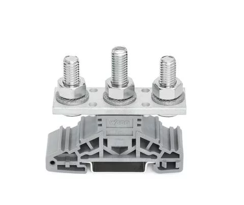 885-308 - Stud terminal block; lateral marker slots; for DIN-rail 35 x 15 and 35 x 7.5; 3 studs, M8; 50,00 mm²; gray