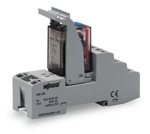 858-355 - Relay module; Nominal input voltage: 24 VDC; 4 changeover contacts; Limiting continuous current: 5 A; with gold contacts; with manual operation; Railway; Red status indicator; Module width: 31 mm