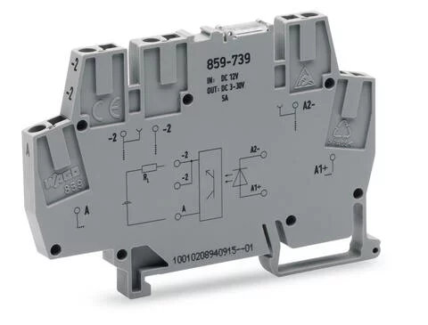 859-739 - Optocoupler module; Nominal input voltage: 12 VDC; Output voltage range: 3 … 30 VDC; Limiting continuous current: 5 A; 2-wire connection; Red status indicator; Module width: 6 mm; gray 859-739 - Optocoupler module; Nominal input voltage: 12 VDC; Output voltage range: 3 … 30 VDC; Limiting continuous current: 5 A; 2-wire connection; Red status indicator; Module width: 6 mm; gray