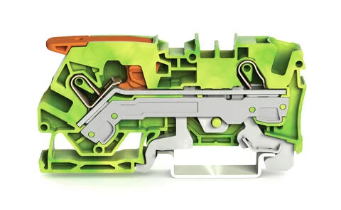 2106-1207 - TOPJOB®S ground terminal block with Lever and Open Tool Slot; rail mount; 2-conductor; 7.5 mm wide; green-yellow