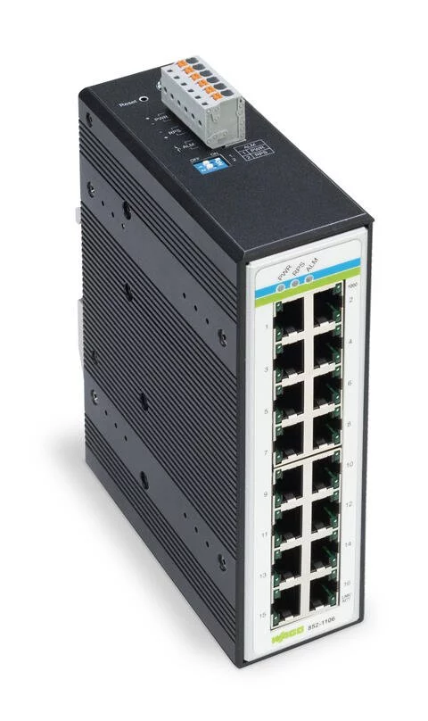 852-1106 - Industrial unmanaged switch; 16 - 10/100/1000 Mb/s RJ45 ports; extended temperature range