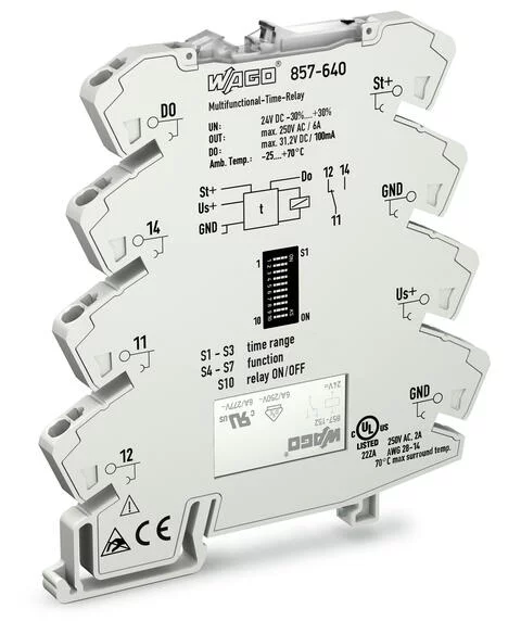 857-640 - Timer relay module; Nominal input voltage: 24 VDC; Limiting continuous current: 6 A; Railway; Multifunction/Multitime; Yellow status indicator; Module width: 6 mm